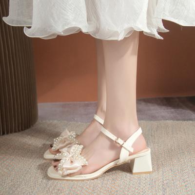 Summer Square Toe Thick Heel Pearl Bow Decoration Fashion Women's Shoes New Shallow Mouth Wear-resistant Elegant Casual Sandals
