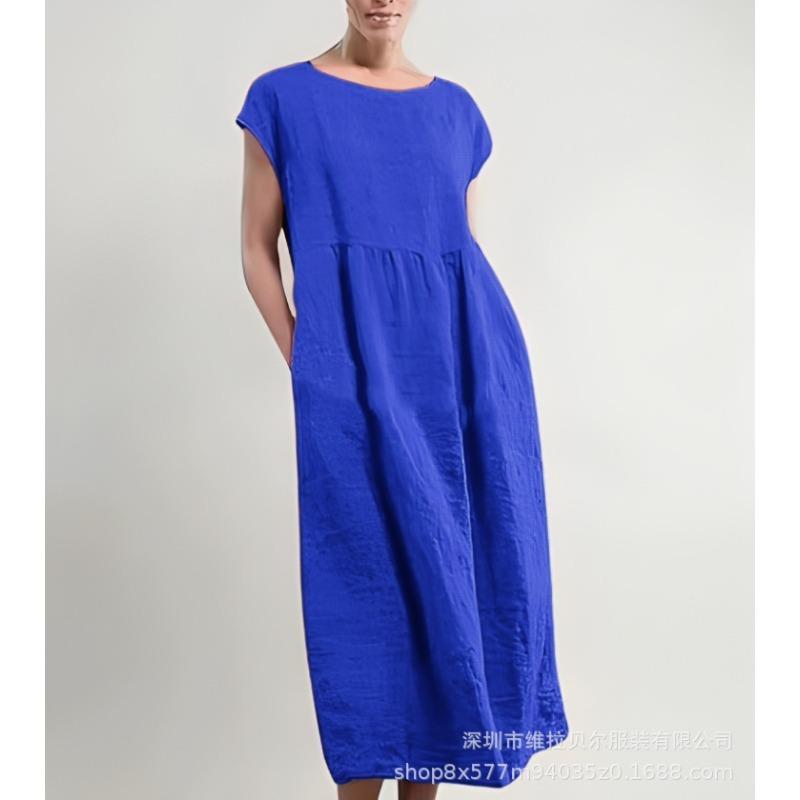 Summer Round Neck Solid Color Short-sleeved Dress Loose Cotton and Linen Pocket Women's Dress