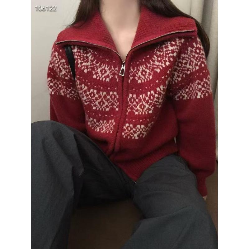 Fair Isle Jacquard Zipper Knitted Cardigan Autumn and Winter New Top Christmas Retro Sweater