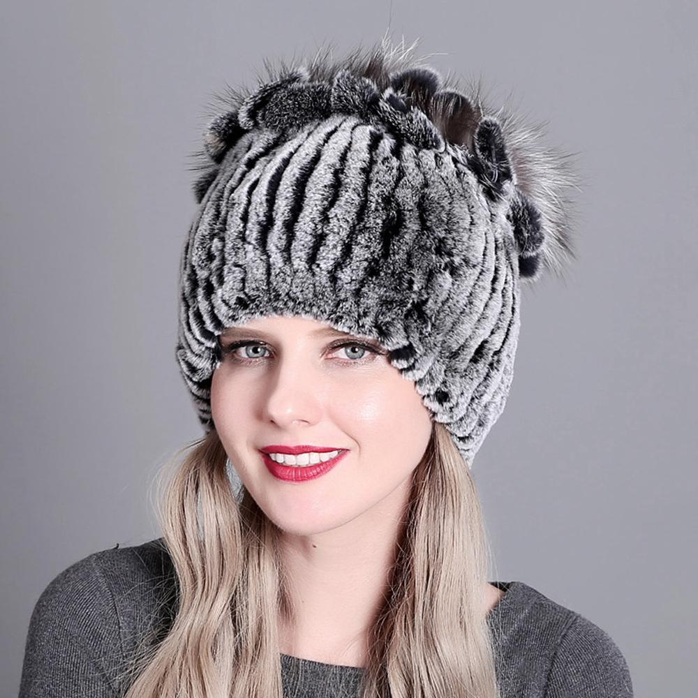 Winter Premium Rabbit Fur Beanie Hats Genuine Rabbit Fur Caps Women Winter Fur Rex Rabbit Knitted Hats Warm Beanie Caps