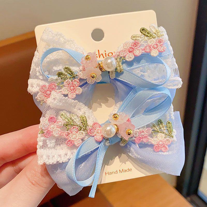1Pair Cartoon Fashion Floral Embroidery Lace Pearl Bowknot Barrettes Cute Kid Princess Hair Clip Hair Accessories Girls Gifts