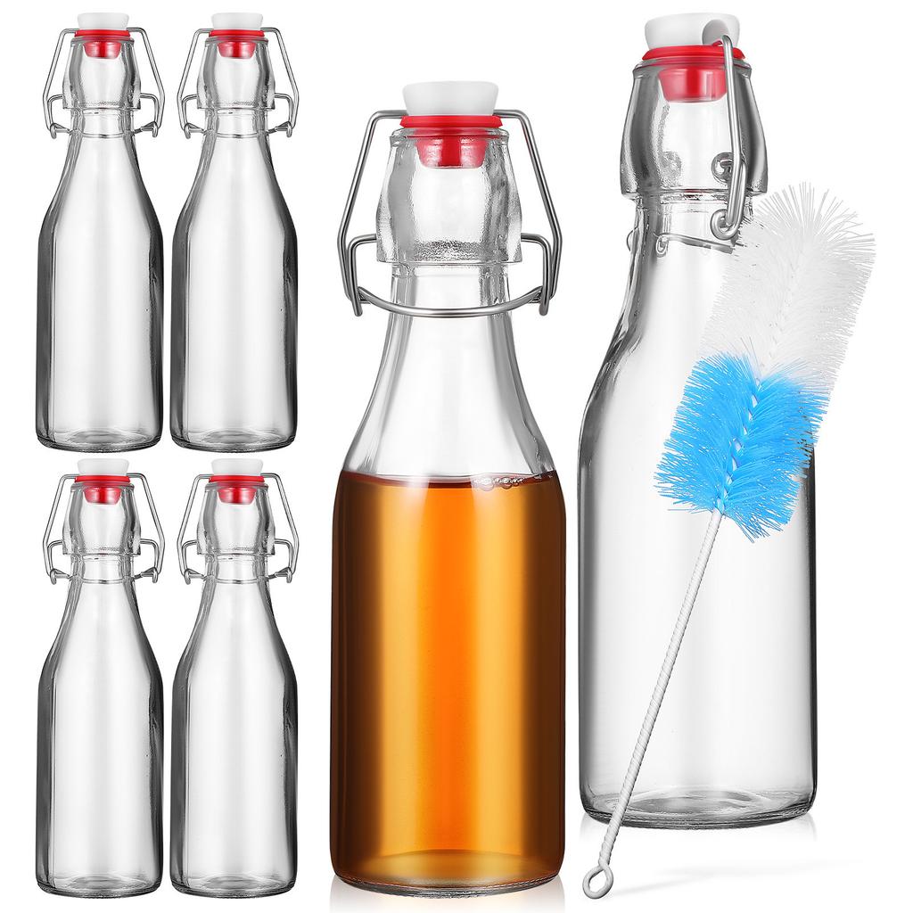 6Pcs Glass Bottle with Anti Leak Buckle Lid Set Sealed Swing Top Containers for Water Beer Juice Portable Household Storage