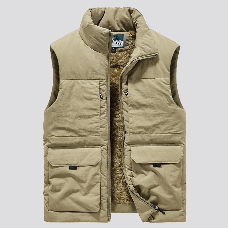 Men's Large Size Thickened Fleece Vest Casual Stand Collar Multi-Pocket Casual Sleeveless Jacket Camouflage Vest