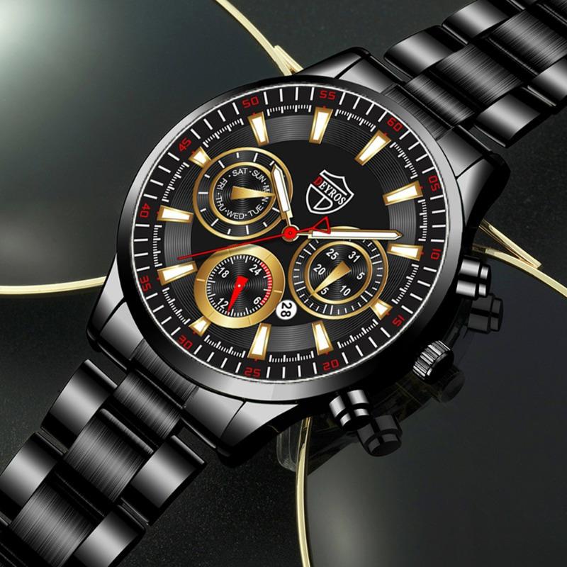 2PCS Set DEYROS Luxury Men's Watch Fashion Men's Calendar Watch Casual Men's Stainless Steel Strap Quartz Watch&Bracelet