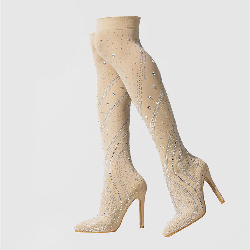 

Модные дизайнерские ботфорты Liyke из эластичной ткани со стразами и кристаллами, женские туфли выше колена, сексуальные туфли-лодочки на шпильке с острым носком для стриптиза 35 абрикосовый