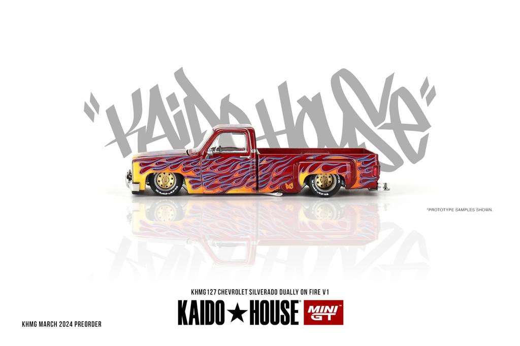 True Scale Miniature Model Car Chevrolet Silverado Dual On Fire V1 Red and Flame Limited Edition Diecast Model Car by Kaido House KHMG127 1/64