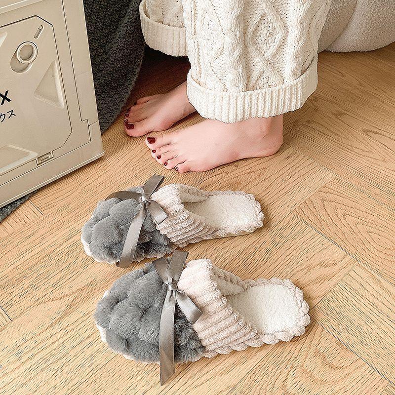 Indoor furniture non-slip thick-soled fluffy slippers cute bow cotton slippers women's plush 2025 autumn and winter new