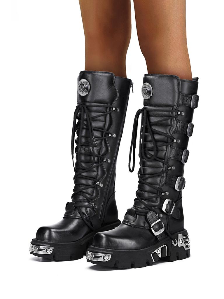 Fashion Rock Punk Motorcycle Boots Knee High Dark Style Round Toe Thick Bottom Genuine Leather Solid Color Fashion Sexy Women Shoes New