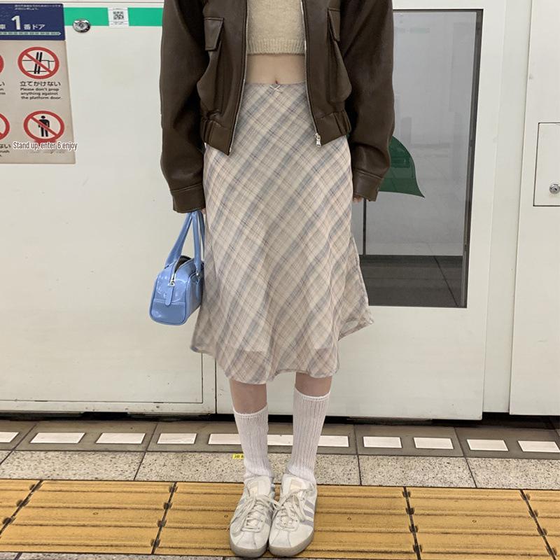 Korean Chic High Waist Plaid Bodycon Mermaid Skirt for Women Medium