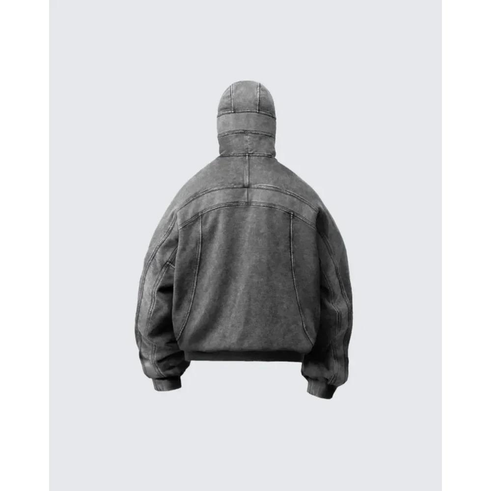 RogueWave Classic Balaclava Hoodie Men Washed Gray Ninja Pullover Sweatshirt Hip Hop Splicing Y2k Vintage Winter Streetwear Couple Tops