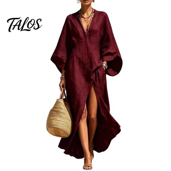 Batwing Sleeve Dress Women's Cotton Linen Maxi Dress, V Neck Airy Summer Outfit High Split Loose Casual Beach Sundress with Pockets Relaxed Fit