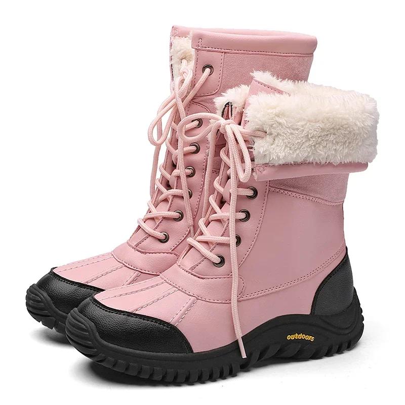 Woman Snow Boots Women Winter Shoes Waterproof Girl s Mid-Calf Boots Shoes Warm Plush Boots Womens Plush Size 42 36 розовый