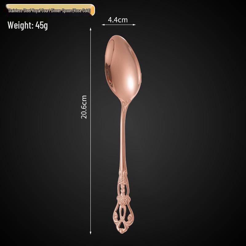 Royal Court 5-Piece Cutlery Set: Vintage Titanium-Plated Gold Stainless Steel Knife, Fork & Spoon with Embossed Hollow Design.