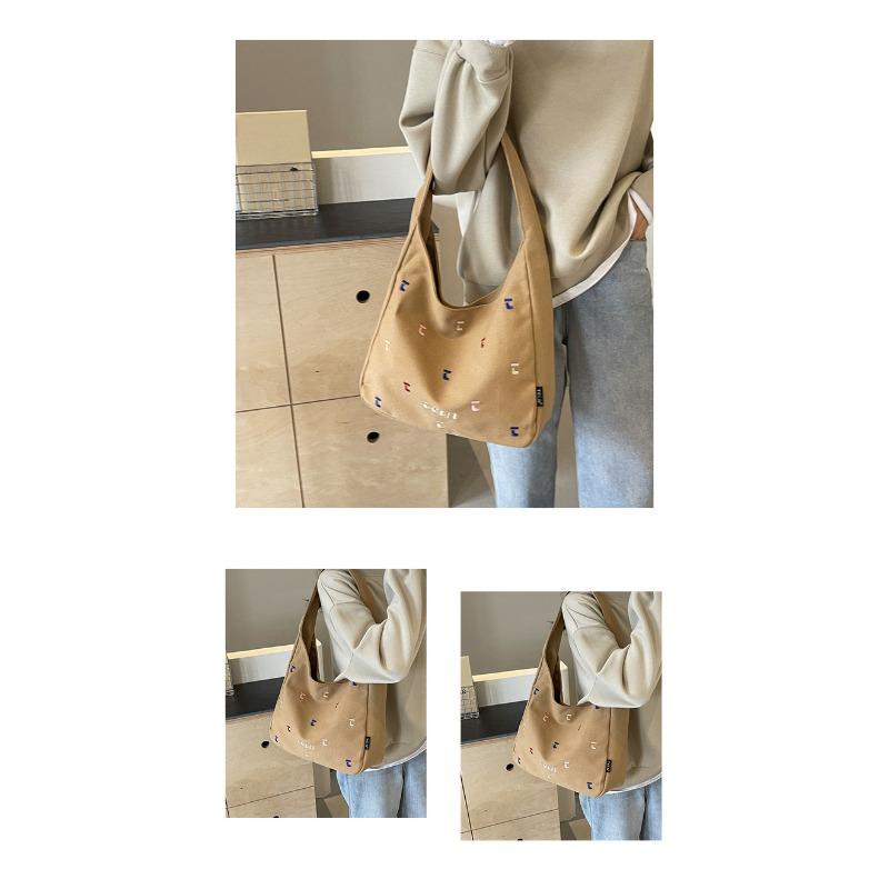 Large Capacity Canvas Bag, Women's Colorful Embroidered Shoulder Bag, Small Fresh Student Shoulder Bag, Handbag, Trendy Tote Bag