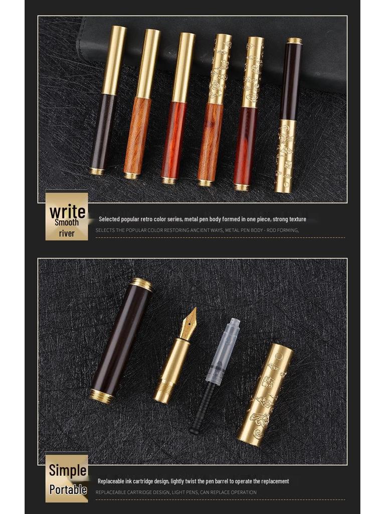 Retro Brass & Sandalwood Pocket Fountain Pen Set – Signature Calligraphy and Business Office Gift.