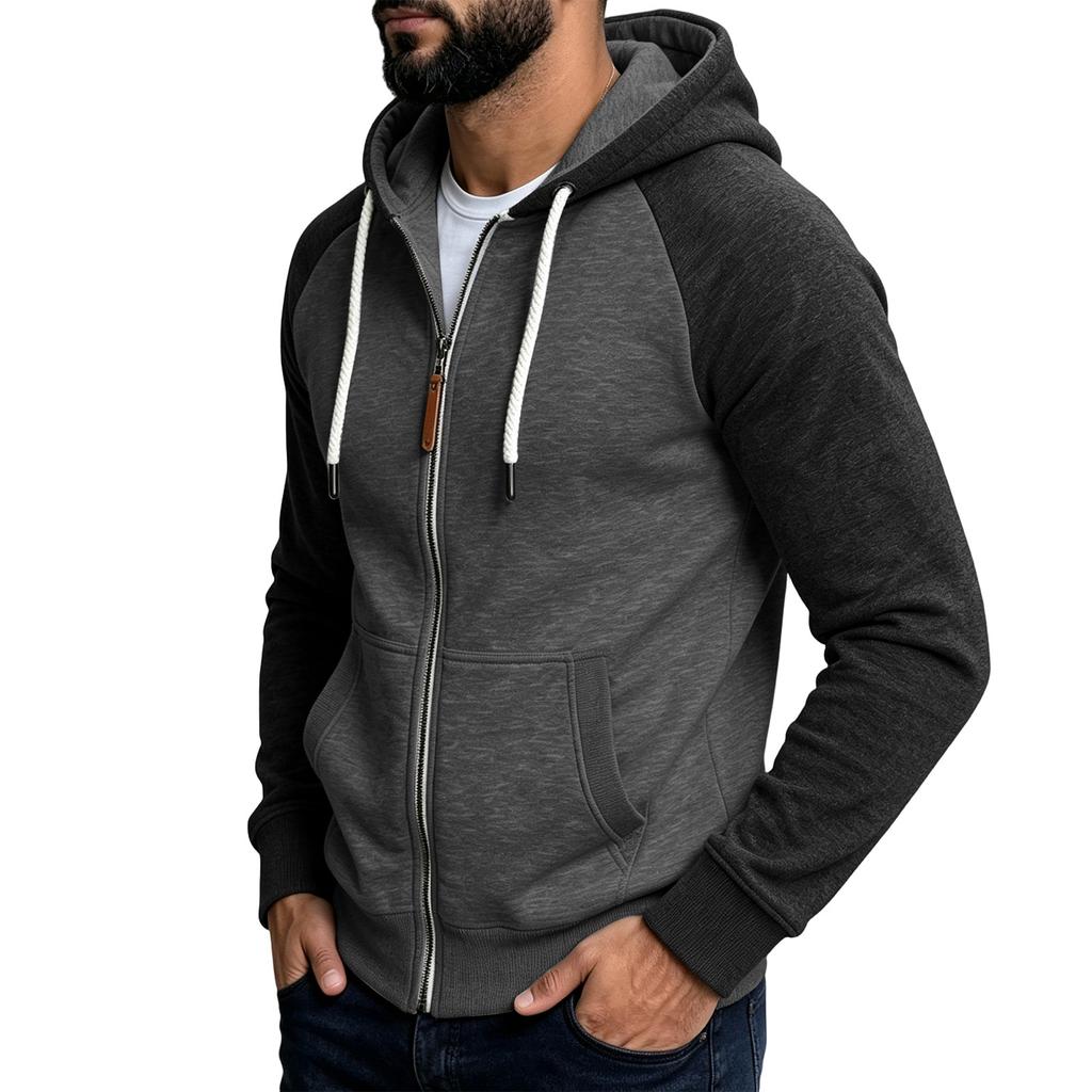 Men's Casual Colorblock Hooded Jacket with Zipper and Large Pockets, Raglan Sleeve Long Sleeve Coat