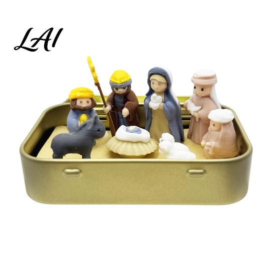 Miniature Nativity Set Mini in Tin Box 3D Printed Pocket Scene Set Small for Desk Christmas Holy Family Jesus Figurines Easter Decoration