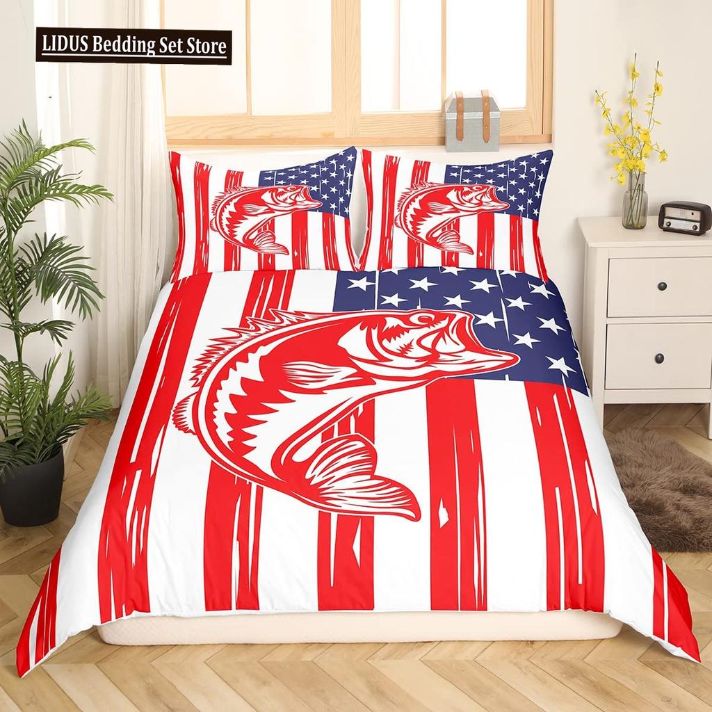 Pike Fish Bedding Striped Bass Big Pattern Hunting And Fishing Themed Duvet Cover For Kids Boys BedRoom Decorations For Teens