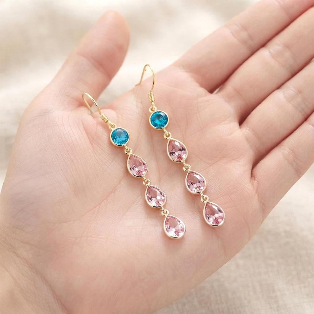 Pink and Blue Zircon Earrings 925 Sterling Silver Gold Plated Teardrop Dangle Earrings for Women, Elegant Party Wedding Jewelry