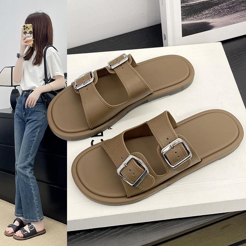 Women's Summer Soft Bottom Double Strap Sandals - Trendy Square Buckle Beach Slippers