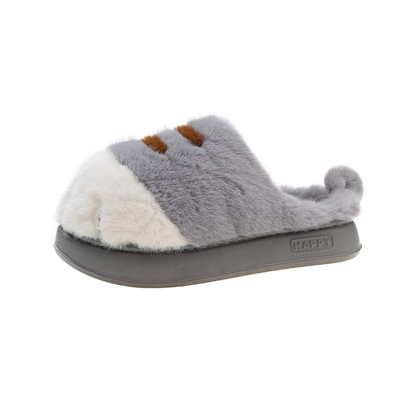 Fashion Comemore Cute Tiger Paw Cotton Slippers for Women Thick Bottom Indoor Warm Furry Cotton Shoes Winter Cartoon Flat Fur Slippers