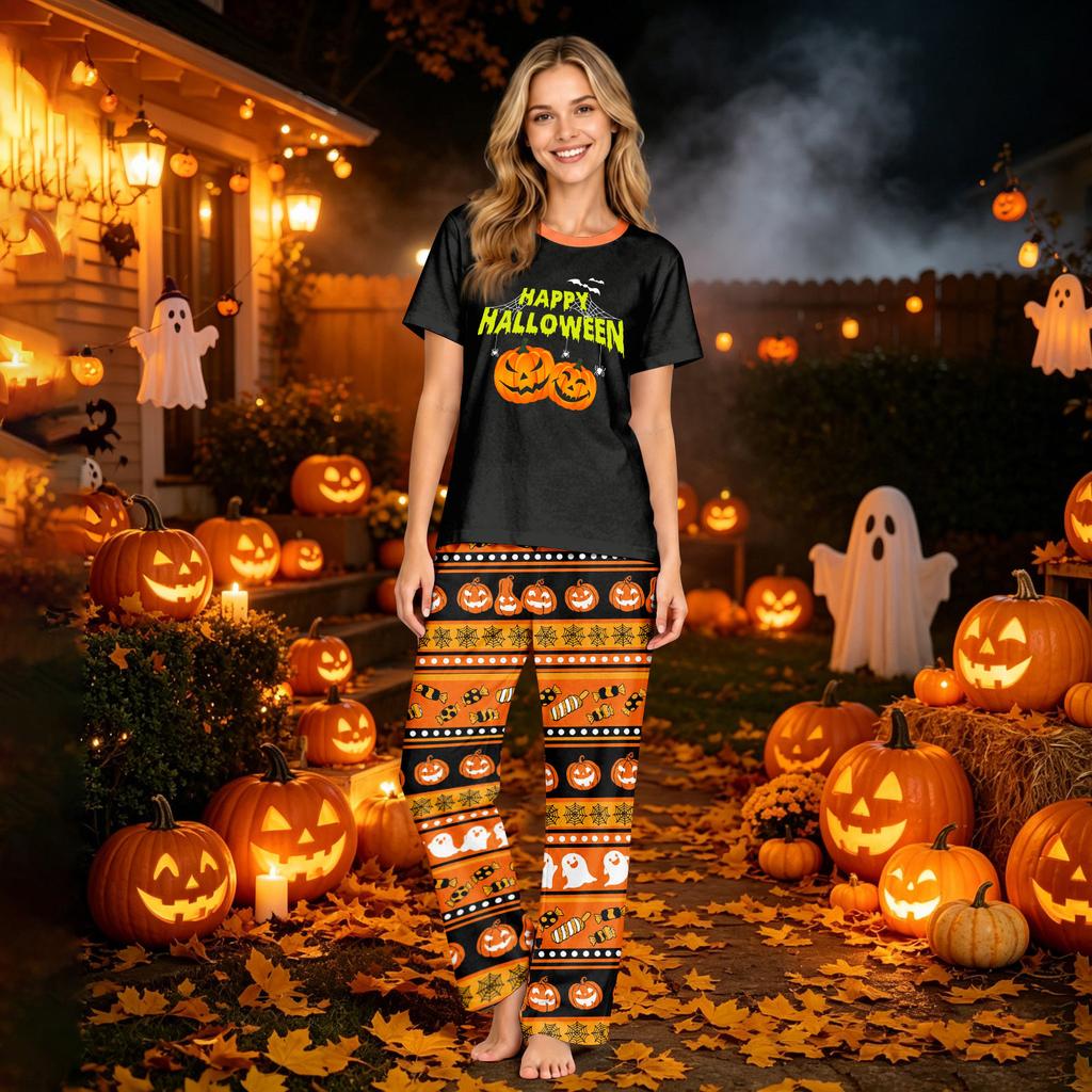 Family Matching Halloween Printed Pajama Set Short Sleeve Top and Pants