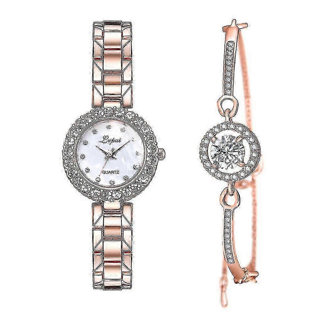 Women's Fashion Diamond Watch and Bracelet Two-Piece Set, Simple Quartz Watch Set, Rose Gold