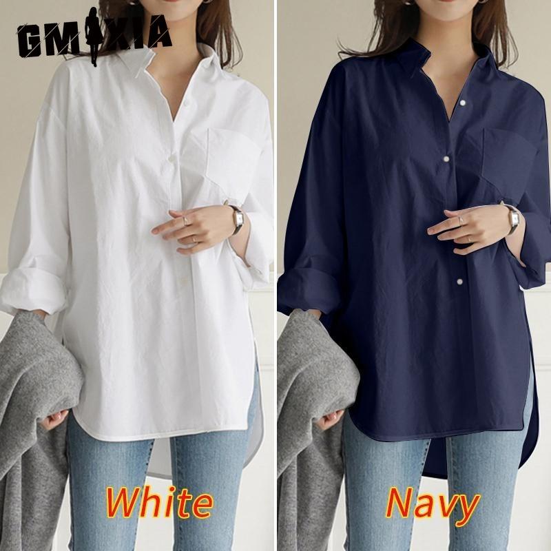 GMXIA Camicette e camicie con collo a polo, maniche lunghe, stampa casual, alla moda, in tinta unita