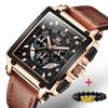 OLEVS 9919 Original Quartz Watch for Men Leather Strap Big Dial Square Waterproof Chronograph Sport Clock Male Relogio Masculino