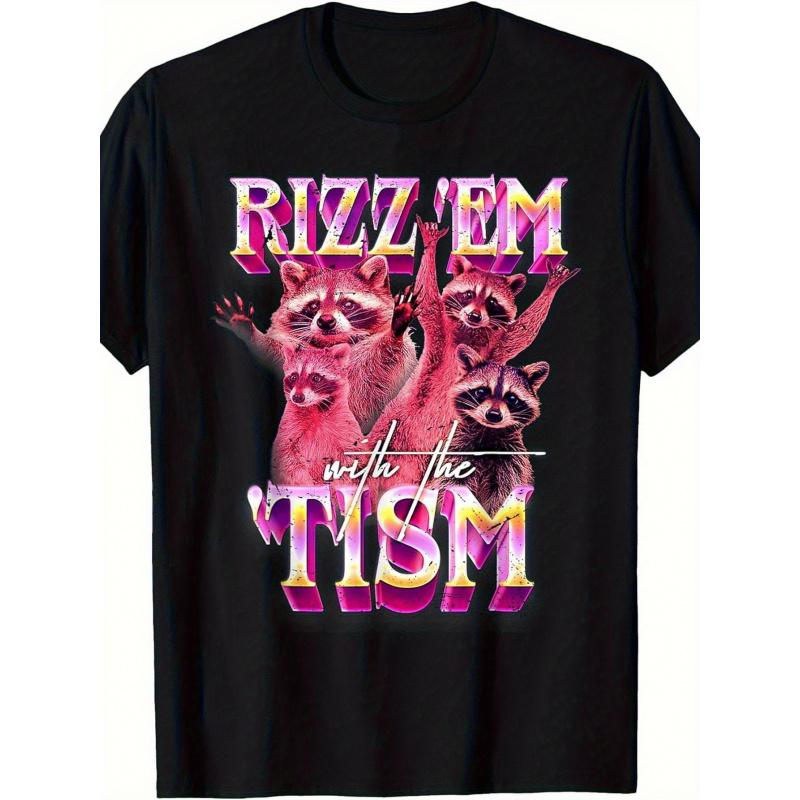 Funny Autism Awareness Raccoon Meme T-Shirt - "Rizz 'Em with The Tism" Graphic Tee, 100% Loose Fit Short Sleeve Shirt with Raccoon & Puzzle Piece