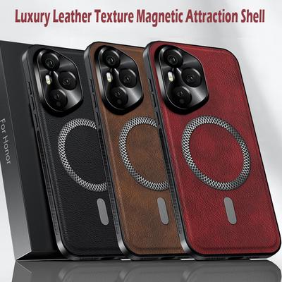 Luxury PU Leather Phone Case For Honor 400 Pro Magsafe Magnetic Metal Ring Lens Protection Shockproof Cover For Honor 300 Ultra