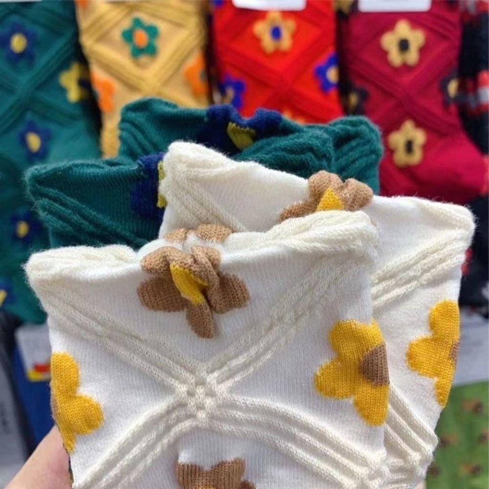 5Pairs Embroidery Women Cotton Socks Sweet Autumn Flower Socks Mid Tube Socks Girls  for Women