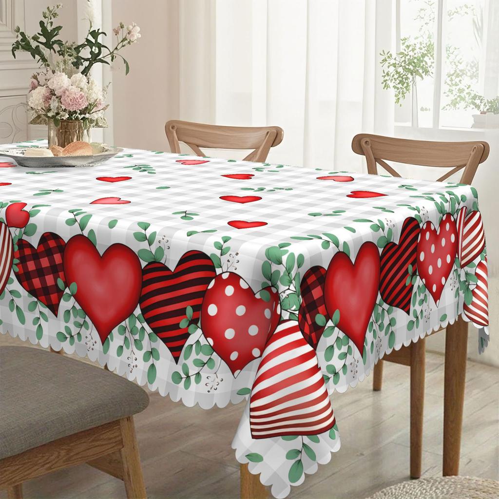 Couple Love Plaid Tablecloth, Green Leaf, Heart Print, Waterproof Dining Table Cloth, Household Coffee Table Decorative Cloth