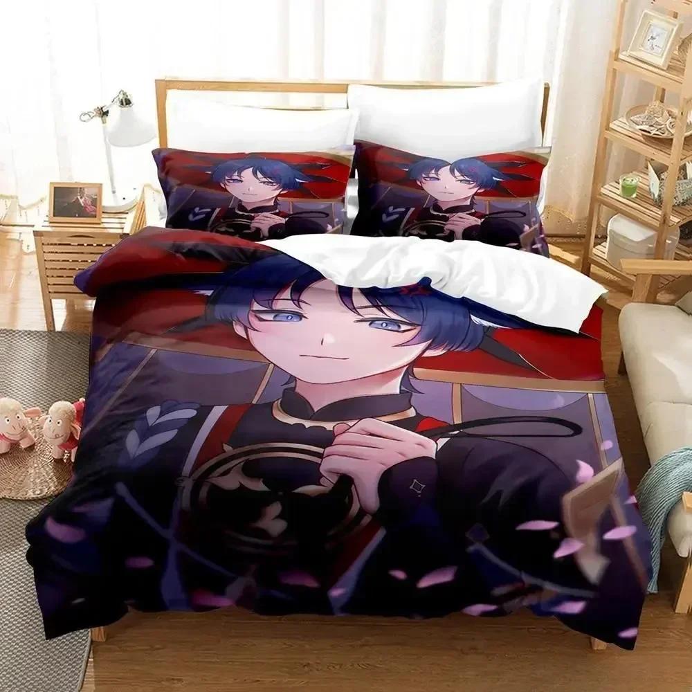 New Game Genshin Impact Scaramouche Bedding Set Printed Bed Set With Pillowcase Duvet Cover Soft Queen King Size Bedclothes Home