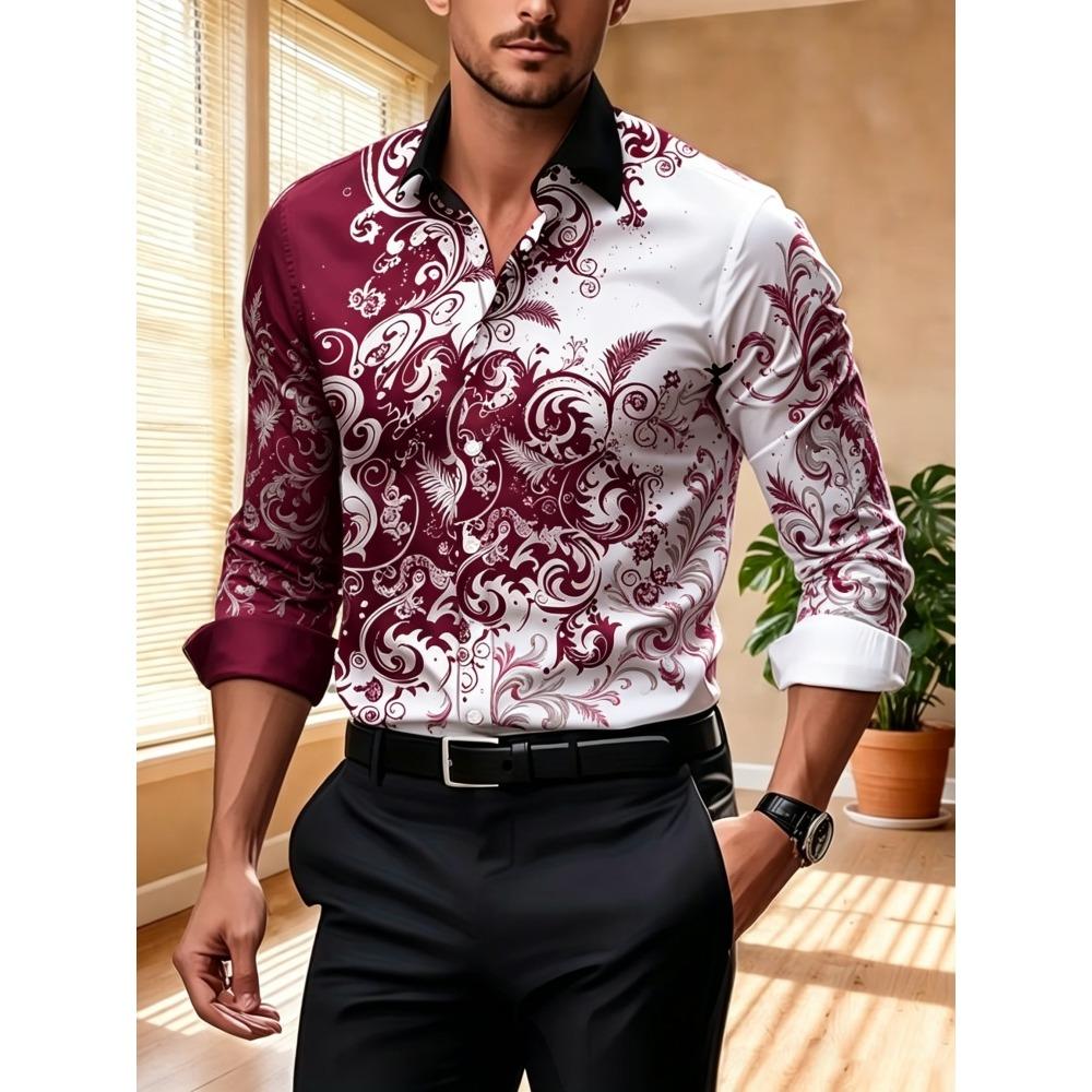 Men's Contrasting Baroque Printed Long Sleeved Shirt, Slim Fit Collar Shirt, European and American Party Trend Men's Top