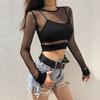 Beach Sexy Hollow Out Fishnet Long Sleeve Round Neck Women Slim Fit Crop Top