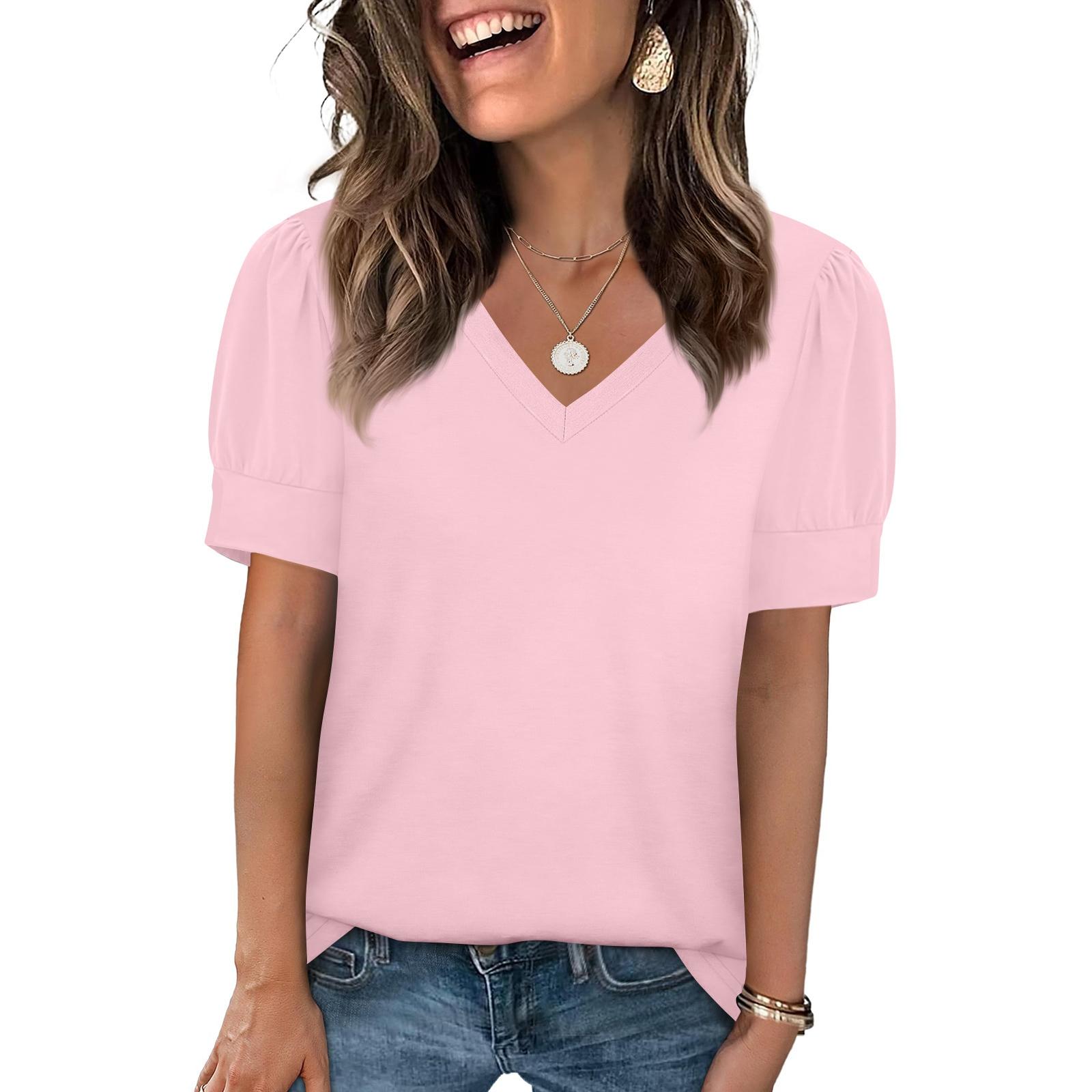 

Women s Fashion Casual V- Neck Short Sleeve Color Shirt Women s Up Tops XL рожевий