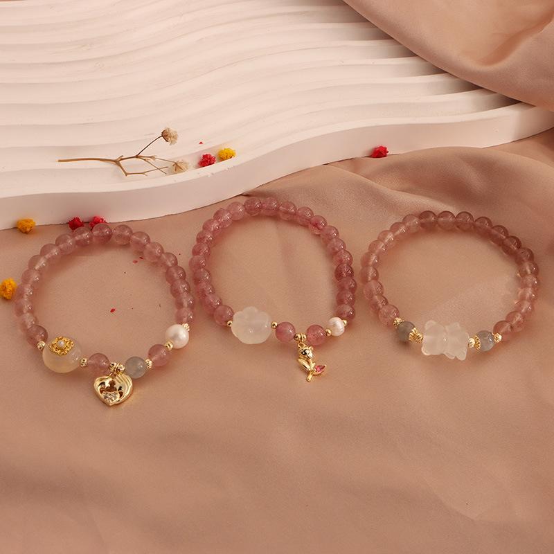 Natural Strawberry Crystal Bracelet, Peach Blossom Bracelet, Moonstone Cat's Claw Crystal Pixiu Natural Freshwater Pearl Bracelet.
