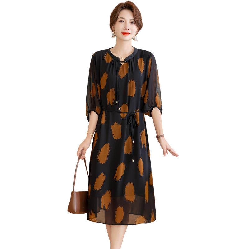 Summer Women's Short-Sleeved Chiffon Midi Dress with Meat-Print Design