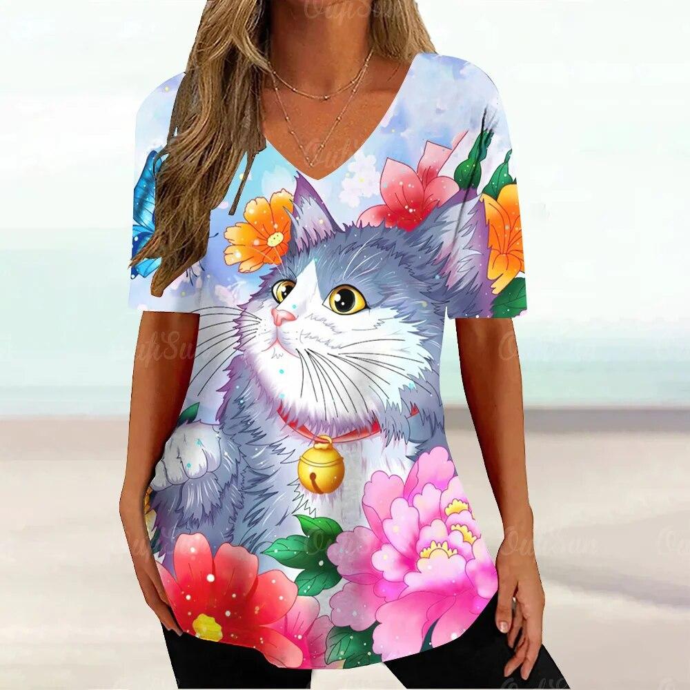 

Женская футболка с коротким рукавом, летняя милая свободная одежда больших размеров, женские повседневные футболки, одежда 2024, топы с v-образным вырезом и принтом животных 5XL