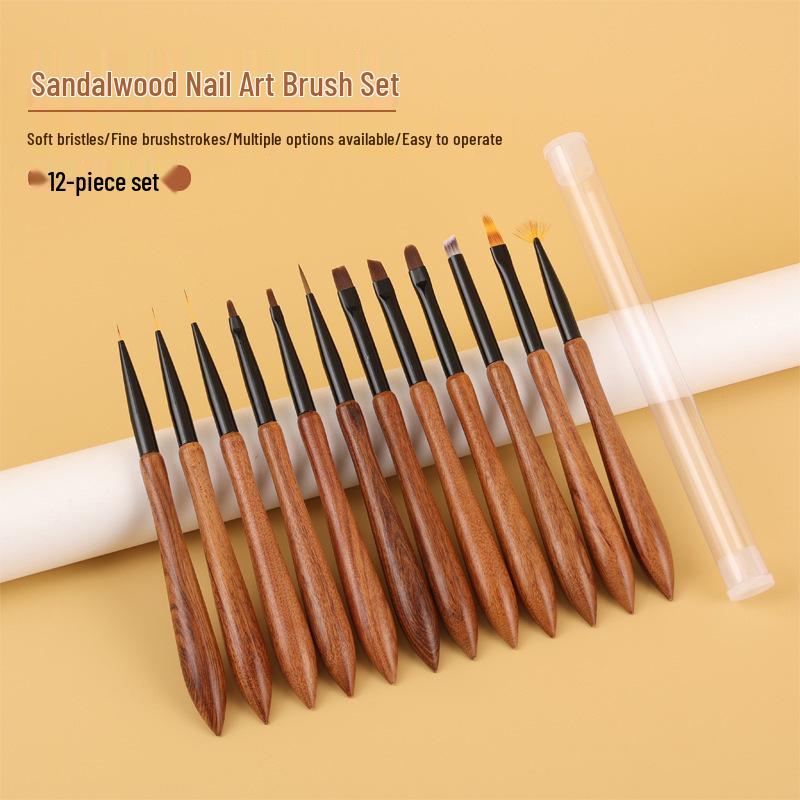 Japanese Sandalwood Nail Art Brush Set - 12-Piece Gourd Handle Wood Rods for Gel Polish and Liner Art