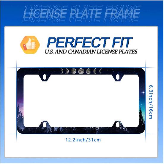 Moon License Plate Frame Starry Sky Moon Phases License Plate Stainless Steel Car Accessory Personalize Funny License Plate Holes Screws Decorative