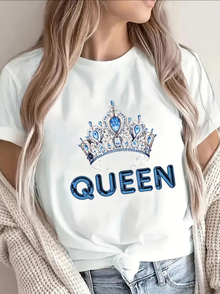 Womens Crown Print TShirt Round Neck Short Sleeve Top Featuring Turquoise Crown Design Casual and Party Wear