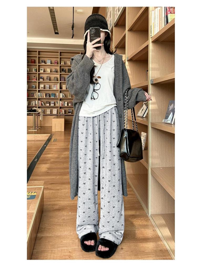 Korean Retro Bow High-Waisted Wide-Leg Silky Pants for Women