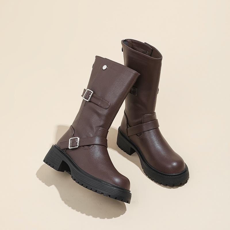 

Thick-soled belt buckle medium boots women s 2025 autumn and winter new round head versatile and thin brown knight boots fashion 40 коричневый