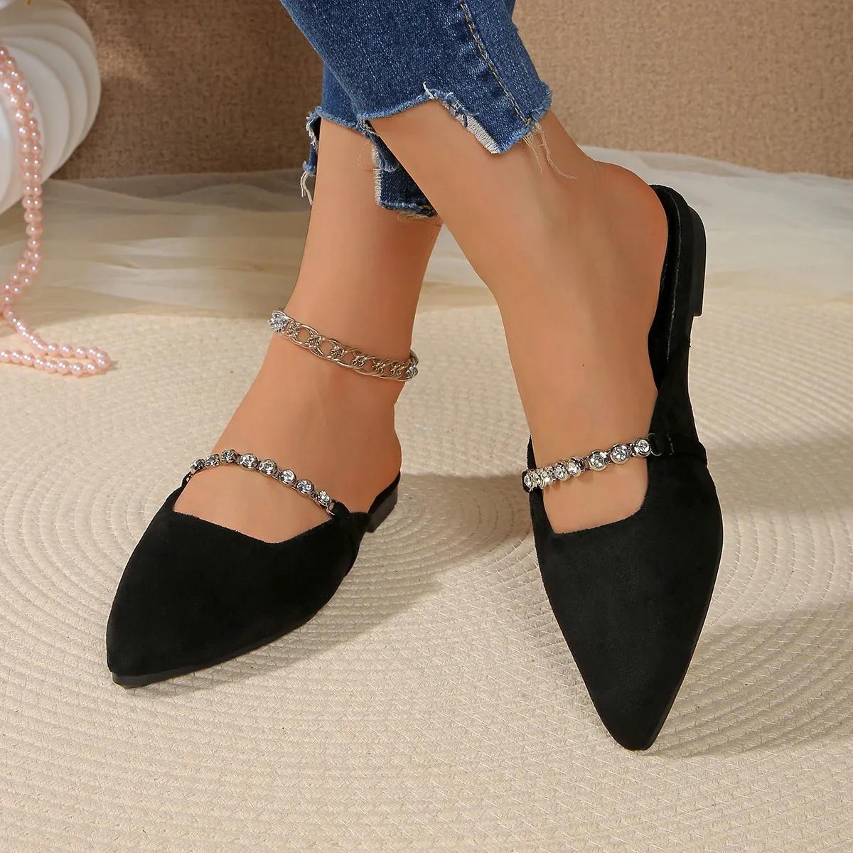 

Модные Сексуальные Леопардовые Шлепанцы с Острым Носком Женские 2025 Лето Замшевые На Плоской Подошве Обувь Женская Кристальная Цепочка Слипоны Черные Повседневные Туфли 43 чёрный