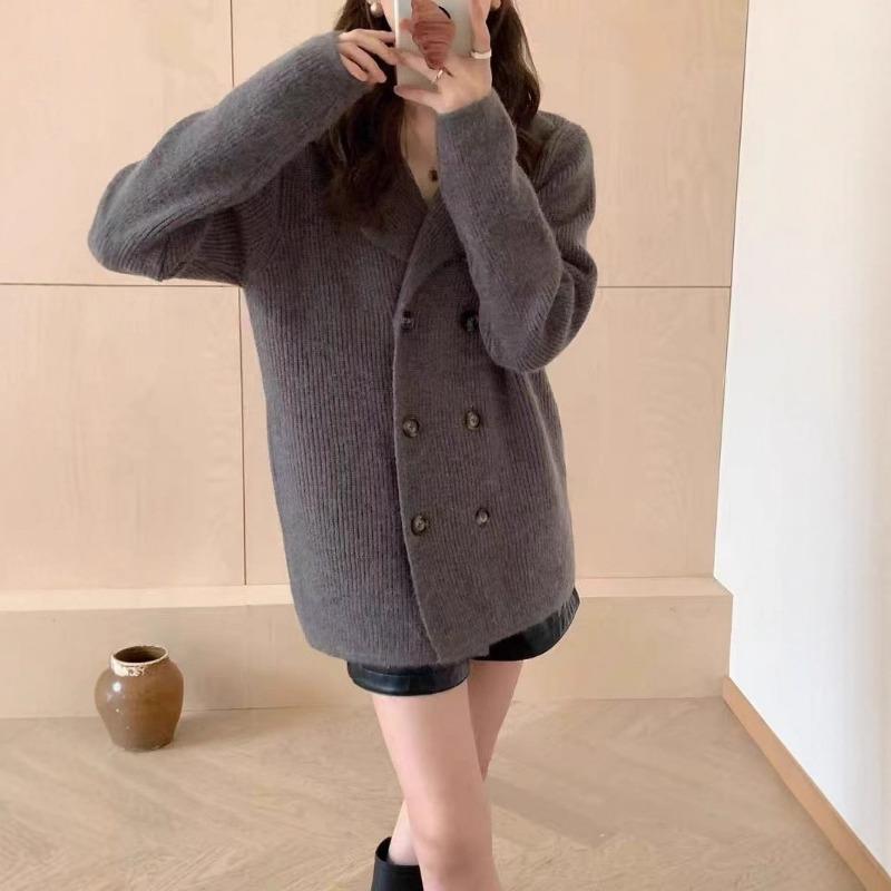 Autumn and winter new suit collar double-breasted lazy wind knitted cardigan high-end sweater jacket women's top trend
