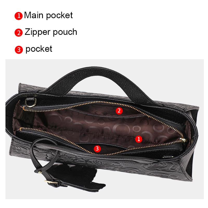 Aidrani Echtleder Damenhandtasche große Kapazität Blumenmuster Umhängetasche weiche Rindsledertasche schwarz