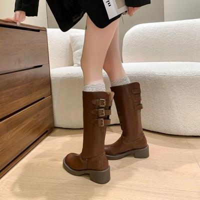 Botas Acima do Joelho Marrons Femininas Vintage Couro Salto Quadrado Altura do Joelho Bota com Fivela Manter Aquecido Sapatos de Bico Redondo Estilo Britânico