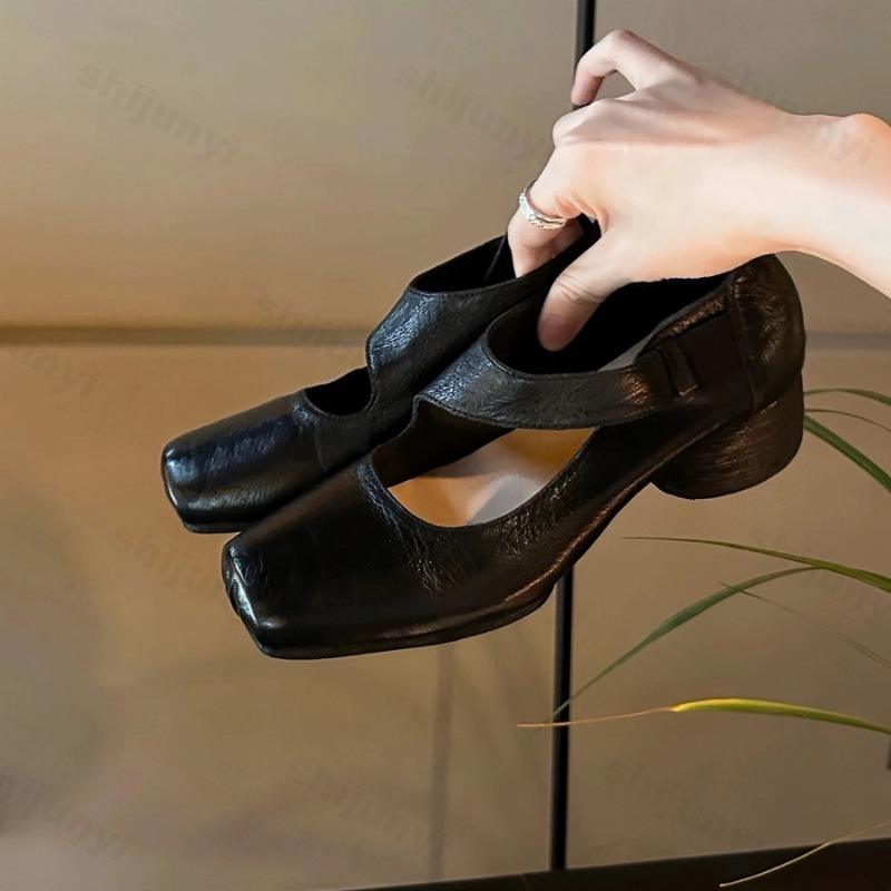 Woman's Mary Janes Shoes Spring New Comfortable Soft Elastic Band Square Toe Chunky Heel High Heels Fashion Slip on Ballet Shoes